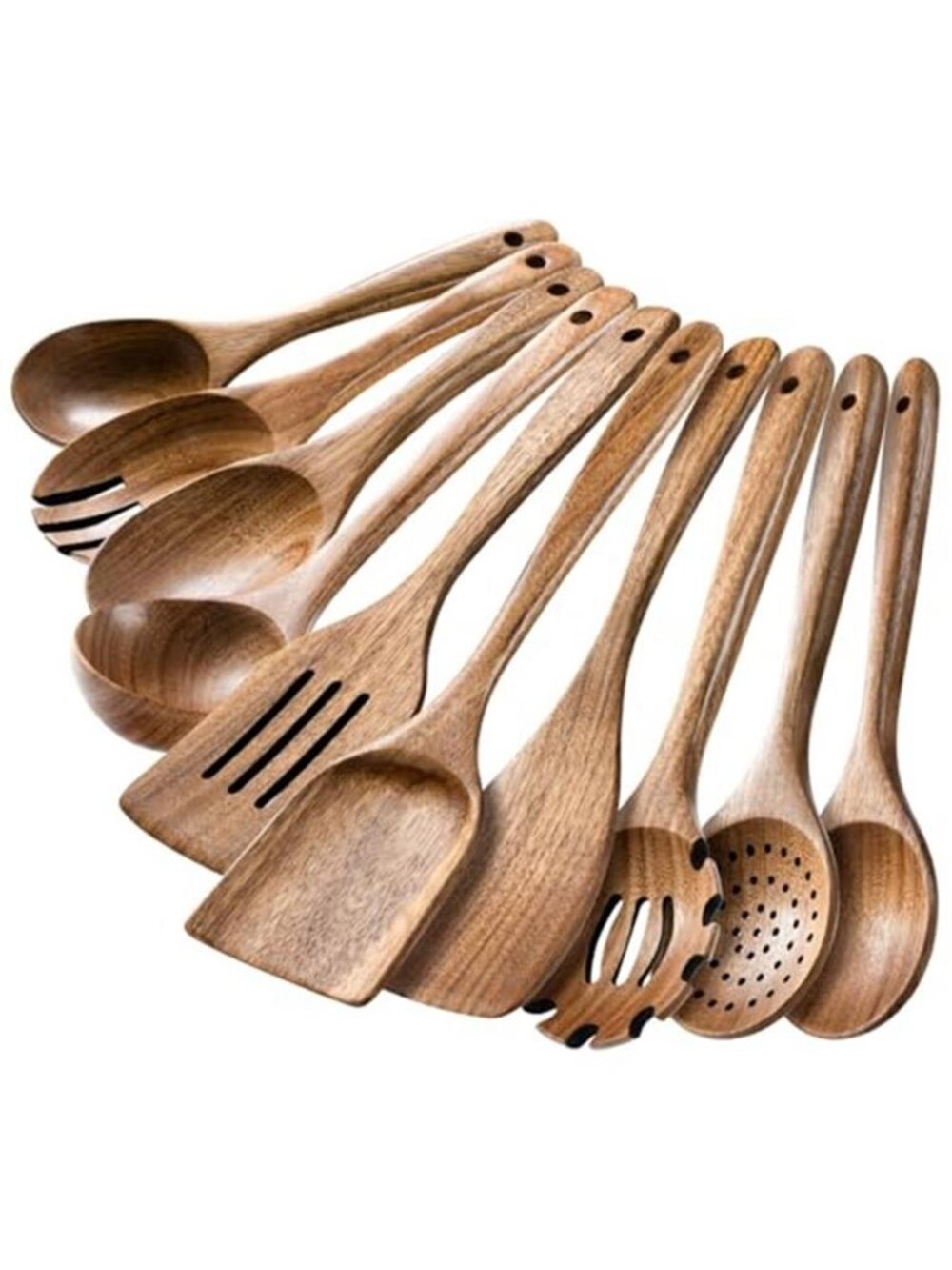 HSM Wooden Spoons for Cooking, 10-Piece Acacia Wood Kitchen Utensil Set - E